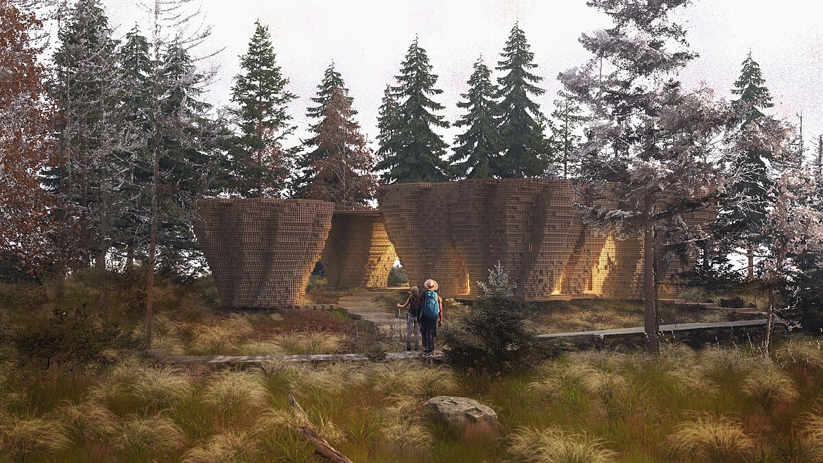 Ein Umweltbildungszentrum in einem Nadelwald gebaut aus einzelnen Holz Blöcken