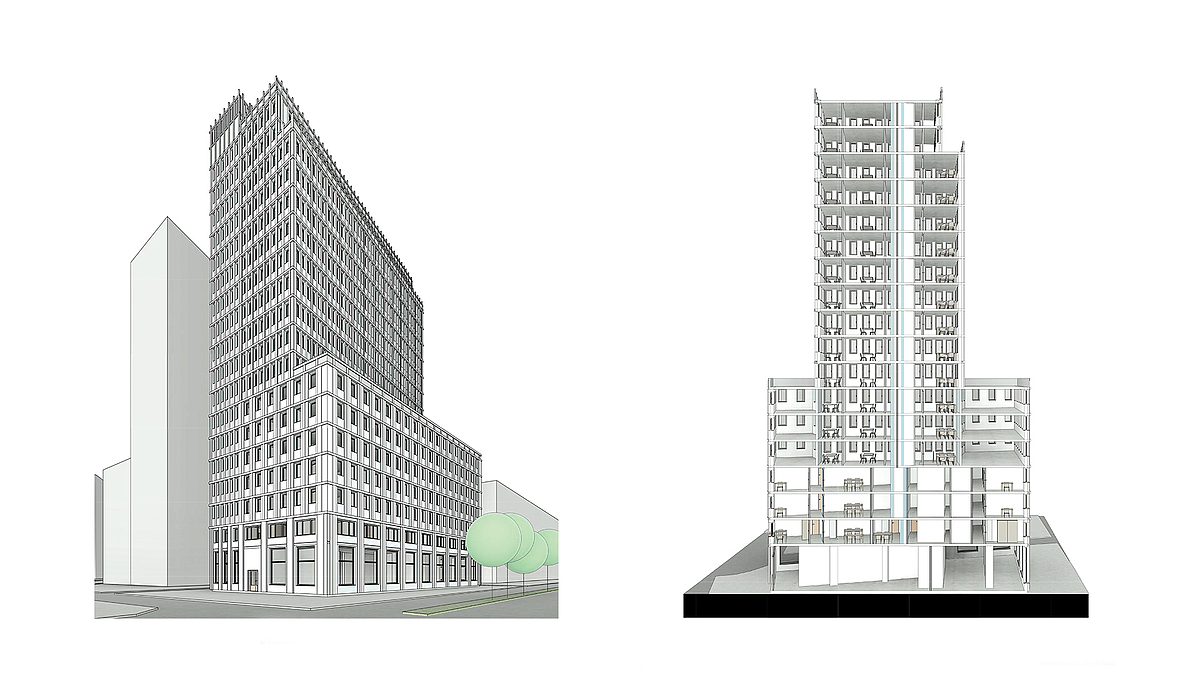 Hochhaus: Schnitt und Straßenperspektive aus Revit