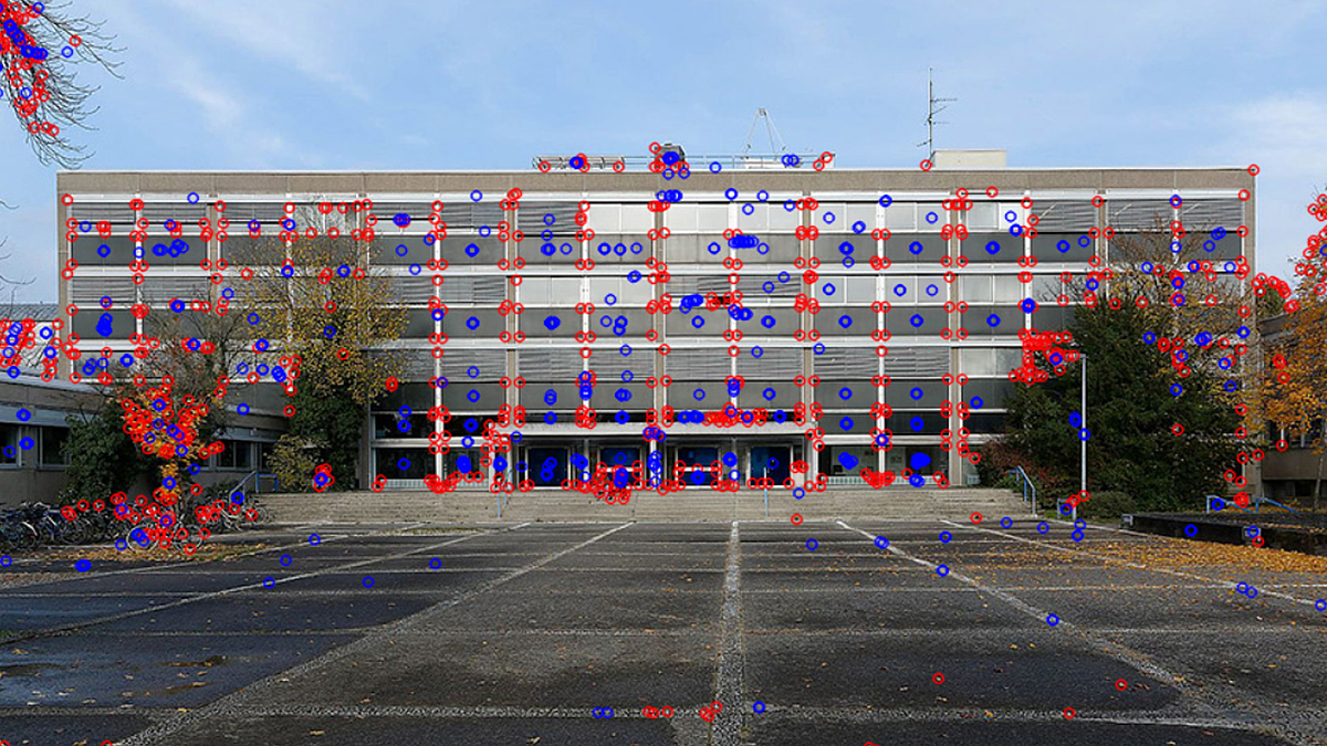 Trackpunkte auf dem Gebäude der Fakultät für Architektur und Landschaft