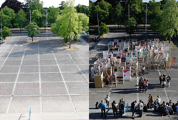 Der Fakultätsvorplatz und das Labyrinth aus gestalteten Rahmenelementen