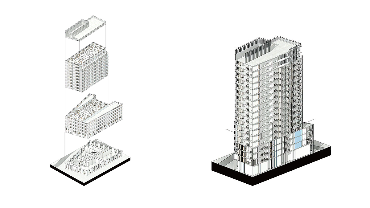 Hochhaus: Axonometrie und Explosionszeichnung aus Revit