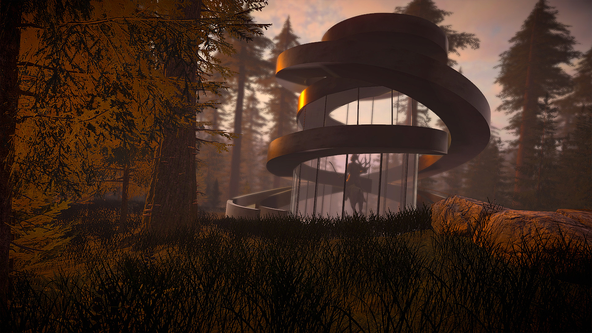 Screenshot: Haus im Wald bei Sonnenaufgang