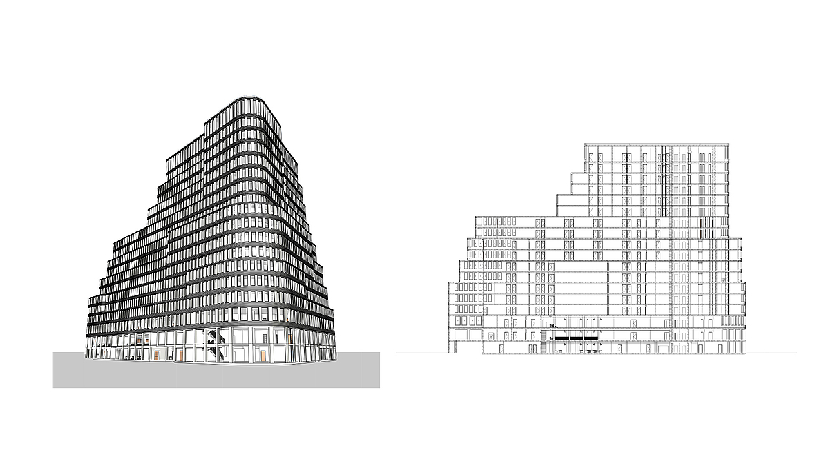 Hochhaus: Schnitt und Straßenperspektive aus Revit