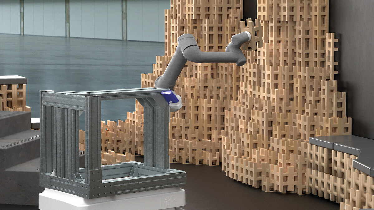 Ein Roboter auf einer mobilen Plattform, der eine Installation aus Holz Blöcken aufbaut